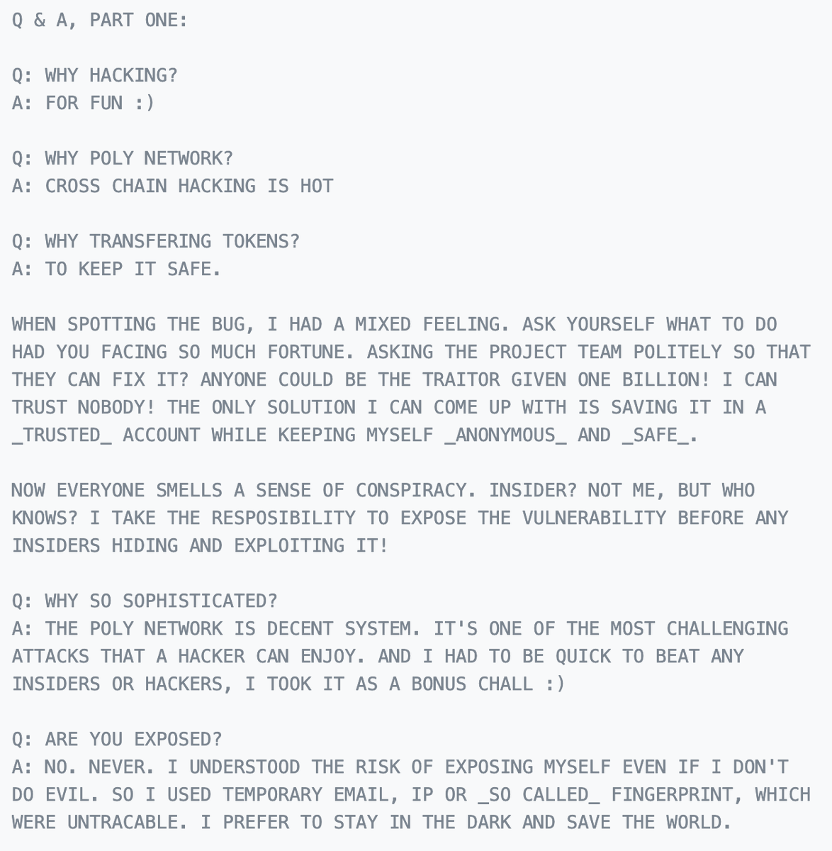 tomrobin's tweet image. The $600 million Poly Network hacker has published part one of a &quot;Q&amp;amp;A&quot;:
#polynetworkhack