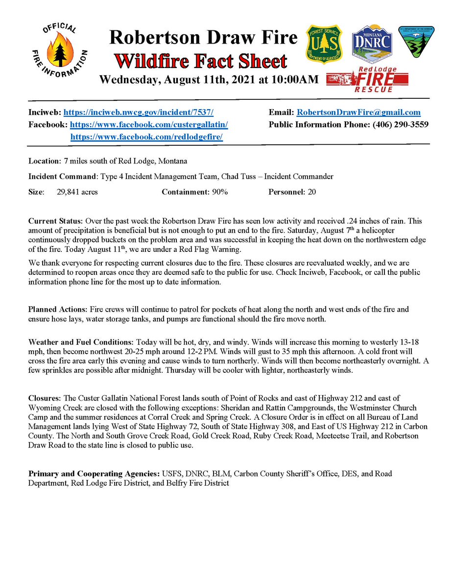 August 11th #robertsondrawfire weekly update. Low activity and .24 inches of precipitation the last week. Hot and dry this week, Red Flag Warning in effect today.