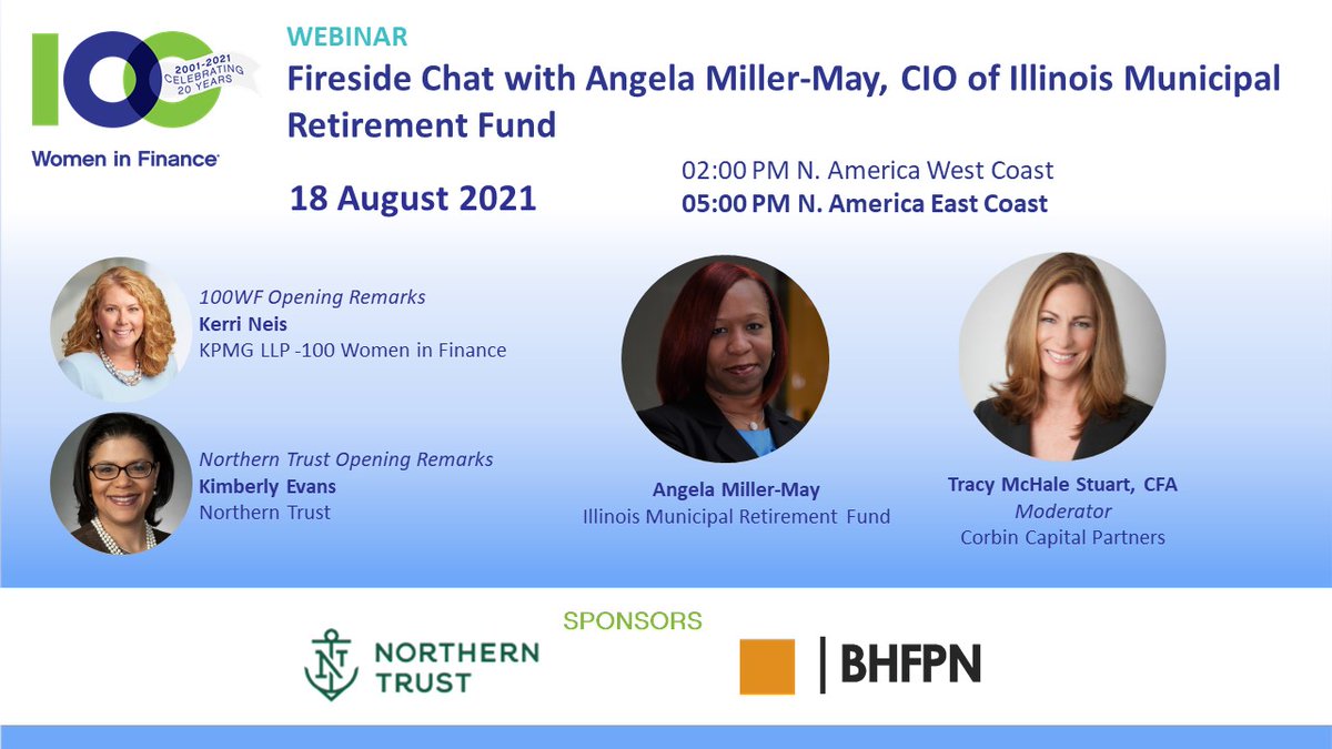 100 Women in Finance (@100womenfinance) on Twitter photo 18 Aug | Fireside Chat with Angela Miller-May, CIO Illinois Municipal Retirement Fund sponsored by <a href="/NorthernTrust/">Northern Trust</a>. Register now: bit.ly/3izZW9E 18 Aug | Fireside Chat with Angela Miller-May, CIO Illinois Municipal Retirement Fund sponsored by <a href="/NorthernTrust/">Northern Trust</a>. Register now: bit.ly/3izZW9E