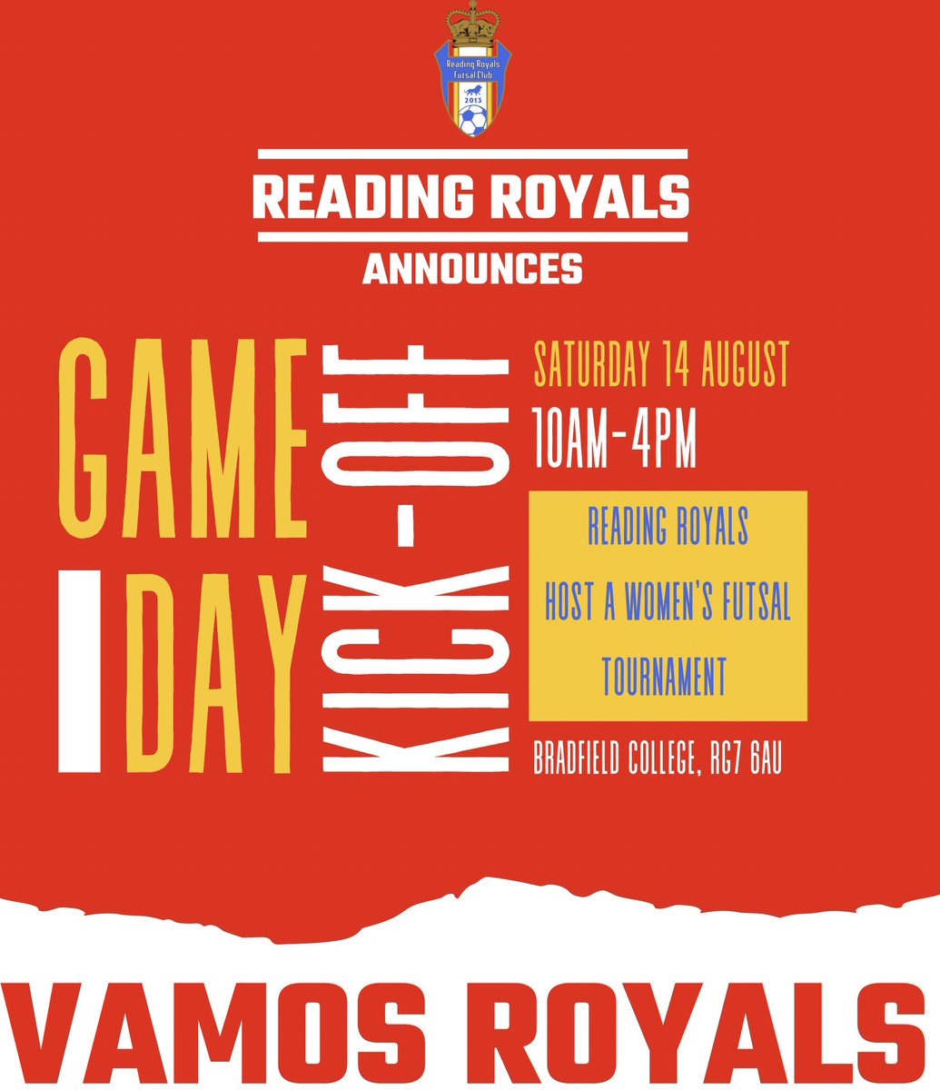 This Saturday our Women’s team start their preseason by hosting a Futsal tournament 🔴🟡

🆚 Multiple Opponents
🏆 Preseason Tournament 
🗓 Saturday 14th August
⏰ 10:00-16:00
📍 Bradfield College, RG7 6AU

#VamosReadingRoyals
