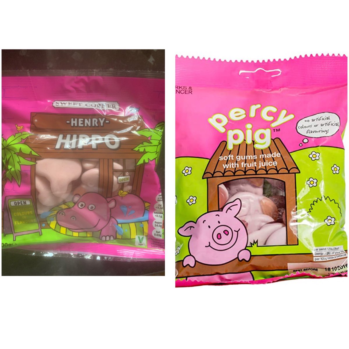 rickstar7891's tweet photo. Just bought #henryhippo sweets. Who would win in a fight? #percypig from @marksandspencer or #henryhippo from @lidl?! #sweetwar https://t.co/uZzC51zsY2