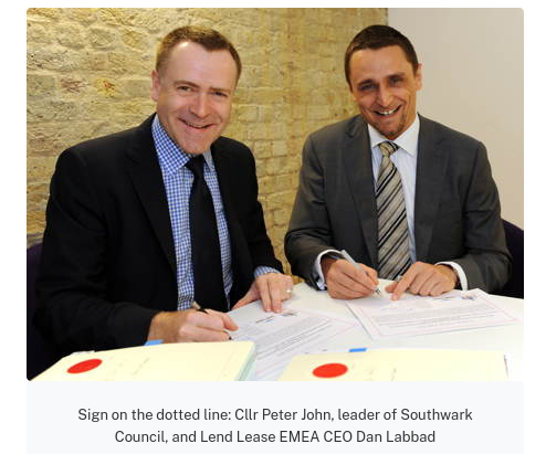 Here's Southwark Council leader <a href="/peterjohn6/">Peter John</a> signing off the sale of the #HeygateEstate to developer @Lendleaseuk.
He's just been made chairman of a lobbying firm that has @Lendleaseuk listed as a long-term client.
35percent.org/former-council…
