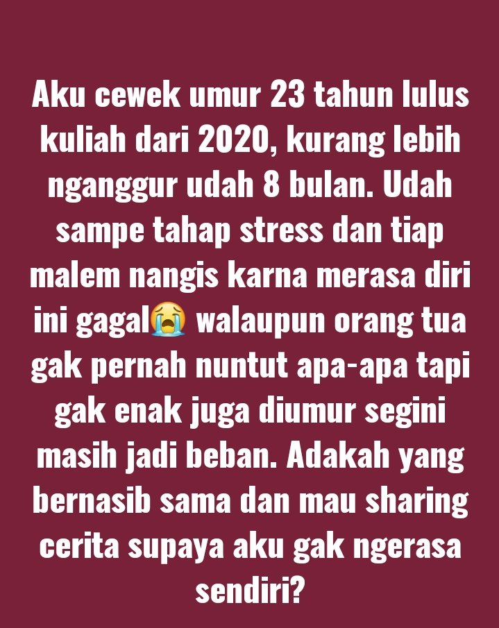 worksfess's tweet photo. Work! CW // Nganggur
Aku juga insecure liat temen temen yang udah pada kerja dan aku masih gini gini aja. Udah masukin lamaran sana sini tapi belum dapet panggilan. https://t.co/TIHKA5cfUn