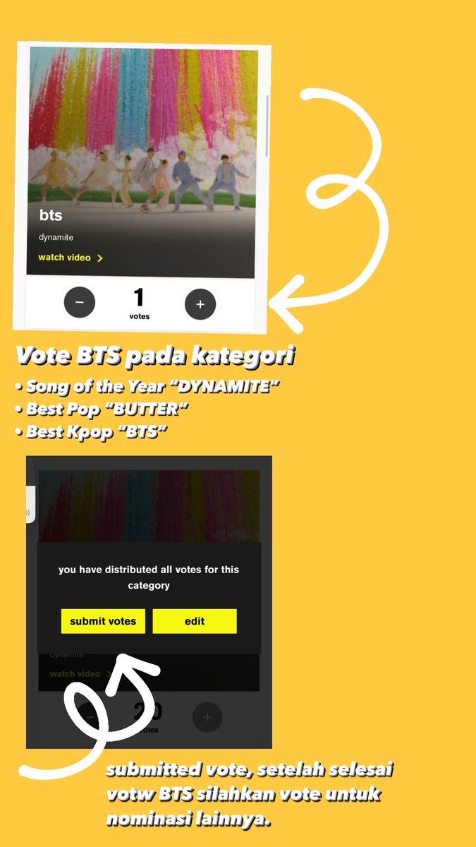 ARMYTEAMID's tweet photo. [🗳]

BTS masuk dalam nominasi 2021 Video Music Awards #VMAs 

• Song of the Year “DYNAMITE”
• Best Pop “BUTTER”
• Best Kpop “BTS”

silahkan vote di sini : https://t.co/r22QDtm5d1

tutorial : picture https://t.co/0WlRINErm6