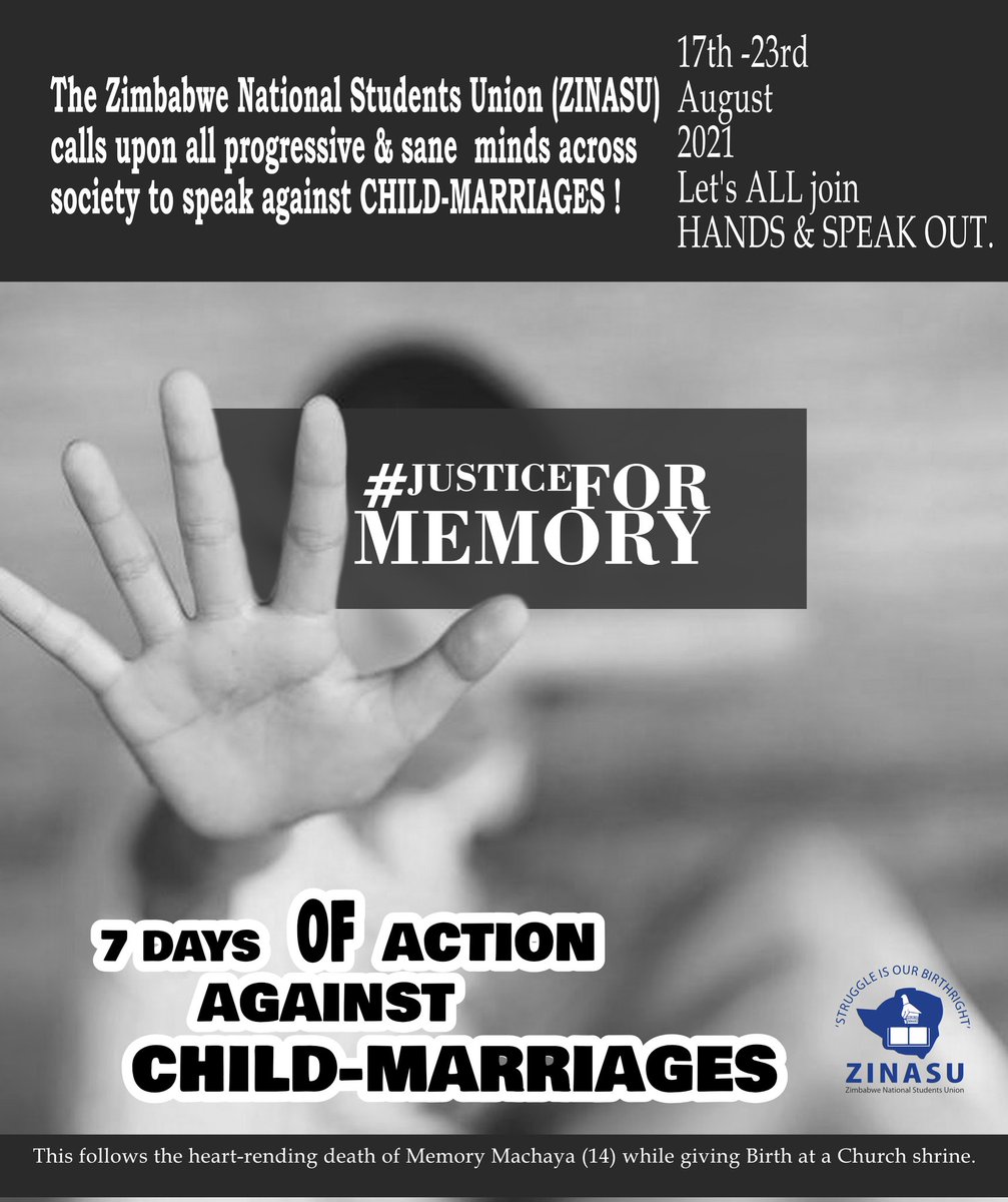 Zinasuzim's tweet photo. We've called for SEVEN days of Action AGAINST Child-Marriages !
17th-23rd of August
ππ
-Retweet for reach out
#JusticeForMemory π https://t.co/auTQt7gFeO
