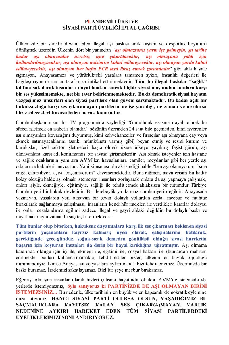 PlandemiTR's tweet photo. Adı konulmamış aşı dayatmalarına karşı TÜM SİYASİ PARTİ ÜYELİKLERİMİZİ İPTAL EDİYORUZ.
İktidar-muhalefet, sağ-sol ayrımı yapmaksızın 1 hafta sürecek bu eylemimiz, aşı nedeniyle mobbing ve baskı gören milyonları görünür kılacaktır.
Sesimize ses ver Türkiye
#DayatmaVarsaÜyelikİptal https://t.co/5ryHoqXswY