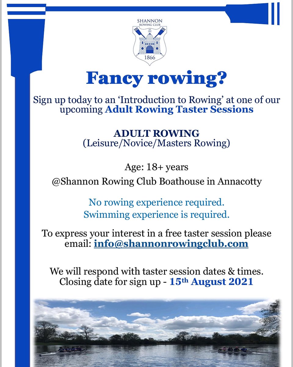 Come and try rowing on the Annacotty River! We are running free taster sessions in the coming weeks. Sign up by August 15th. <a href="/RowingIreland/">Rowing Ireland</a> <a href="/Limericksports/">Limerick Sports</a> <a href="/o_feargal/">Feargal O'Callaghan MBA</a> <a href="/Kenrow1mc1/">@Kenrow1mc</a> <a href="/Michael54589353/">Michael O Callaghan</a> <a href="/michellecrowing/">michelle carpenter</a>