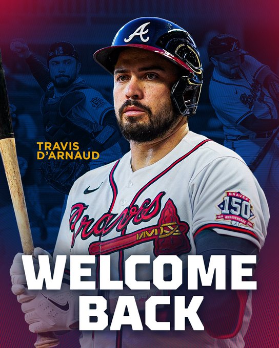 This graphic features Travis dâ€™Arnaud preparing to hit while walking up to the plate holding his bed in his hands with the words â€œwelcome backâ€ in front of him.