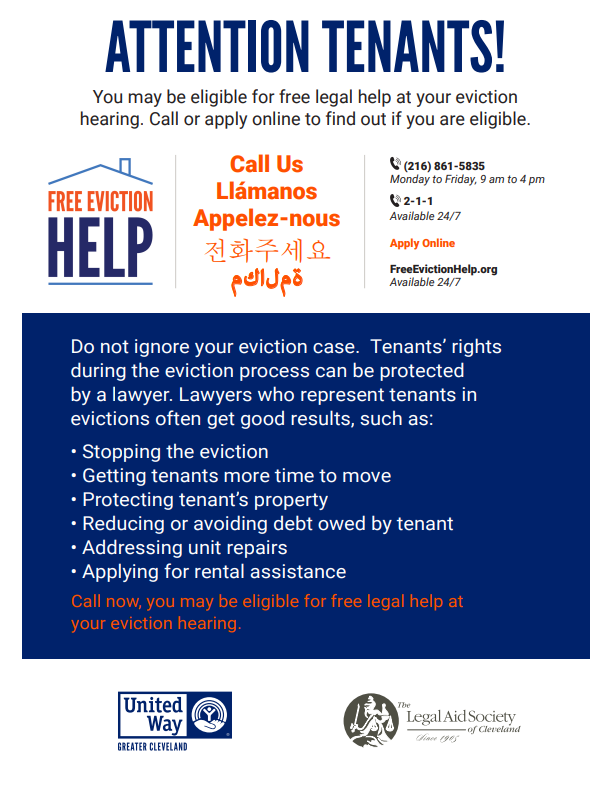 Are you experiencing an eviction? 
You may be eligible for free legal advice! 

📞Call: 216-861-5835
💻 Visit: FreeEvictionHelp.org