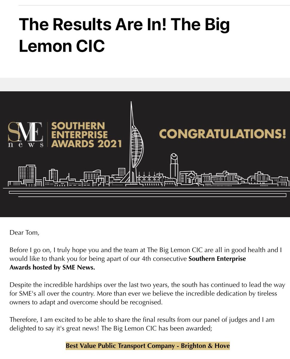 Hurrah 🤩 We’ve won an award!! 🏆 😃

<a href="/SME__News/">SME News</a> Best Value Public Transport Company - #Brighton &amp; #Hove 👩🏼‍🤝‍👨🏽🍋 🚌 😍🍾

Massive thanks to all our team, passengers and supporters who have made this possible 🙏💛 😘 😘