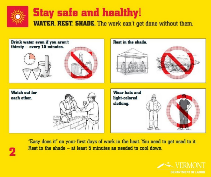 healthvermont's tweet photo. It's going to be hot today! Be sure to get plenty of water, rest and shade if you're working outside. Check out these tips for outdoor workers. https://t.co/KJ1zTucbNt #VTHeatSafety https://t.co/66SBTe5jQK