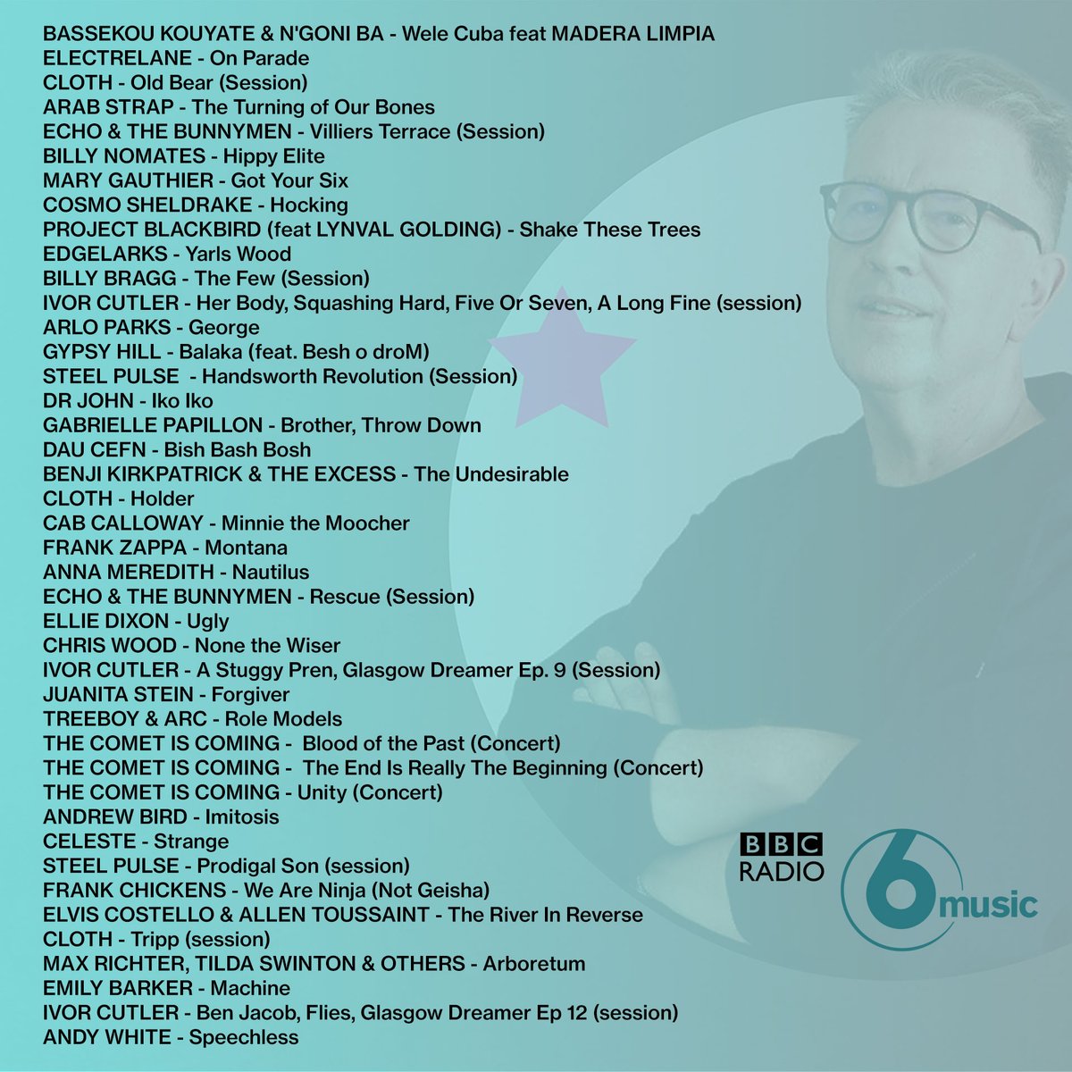 Fresh On The Net (@freshnet) on Twitter photo TONIGHT on <a href="/BBC6Music/">BBC Radio 6 Music</a> my planned playlist from 2200-2300 includes tunes from <a href="/akadrjohn/">Dr. John</a>
@gabpapillon
<a href="/daucefn/">Dau Cefn</a> <a href="/lliwgar/">Recordiau Lliwgar</a>
<a href="/bk_excess/">Benji Kirkpatrick and The Excess</a> <a href="/Benji_KP/">Benji Kirkpatrick</a>
<a href="/cloth_band/">Cloth</a>
<a href="/AnnaHMeredith/">Anna Meredith</a>
<a href="/Bunnymen/">Echo & the Bunnymen</a>
<a href="/elliedixonmusic/">Ellie Dixon</a>
<a href="/ChrisWood_Music/">Chris Wood</a>
<a href="/msjuanitastein/">Juanita Stein</a>
<a href="/treeboyandarc/">Treeboy & Arc</a> TONIGHT on <a href="/BBC6Music/">BBC Radio 6 Music</a> my planned playlist from 2200-2300 includes tunes from <a href="/akadrjohn/">Dr. John</a>
@gabpapillon
<a href="/daucefn/">Dau Cefn</a> <a href="/lliwgar/">Recordiau Lliwgar</a>
<a href="/bk_excess/">Benji Kirkpatrick and The Excess</a> <a href="/Benji_KP/">Benji Kirkpatrick</a>
<a href="/cloth_band/">Cloth</a>
<a href="/AnnaHMeredith/">Anna Meredith</a>
<a href="/Bunnymen/">Echo & the Bunnymen</a>
<a href="/elliedixonmusic/">Ellie Dixon</a>
<a href="/ChrisWood_Music/">Chris Wood</a>
<a href="/msjuanitastein/">Juanita Stein</a>
<a href="/treeboyandarc/">Treeboy & Arc</a>