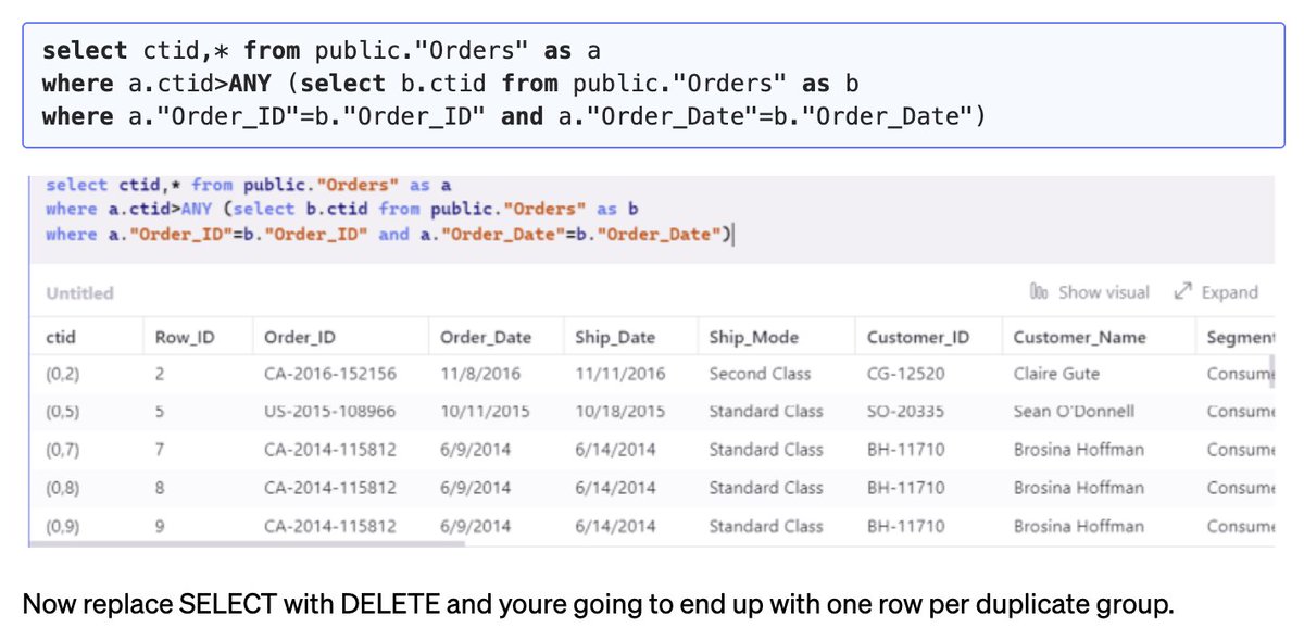 SqlSnippets's tweet image. Missing the "remove duplicates" button from Excel?
Use this snippet to drop duplicate rows in @PostgreSQL & start your analysis off on the right foot
sql-snippets.count.co/t/removing-dup…
#SQL @planetpostgres