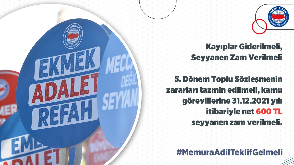 Kayıplar Giderilmeli, Seyyanen Zam Verilmeli

5. Dönem Toplu Sözleşmenin zararları tazmin edilmeli, kamu görevlilerine 31 Aralık 2021 tarihi itibariyle net 600 ₺ seyyanen zam verilmeli.

#MemuraAdilTeklifGelmeli