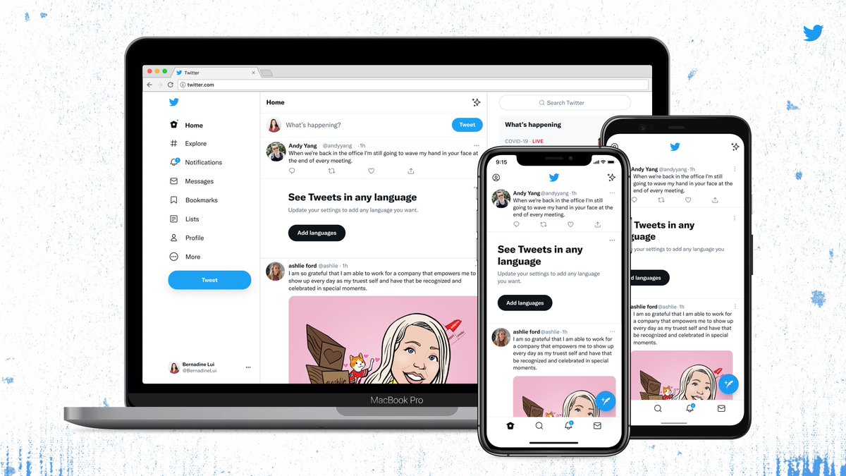 iPhone、Android 和筆記本電腦。每個屏幕都顯示顯示視覺更新的 Twitter 時間線。