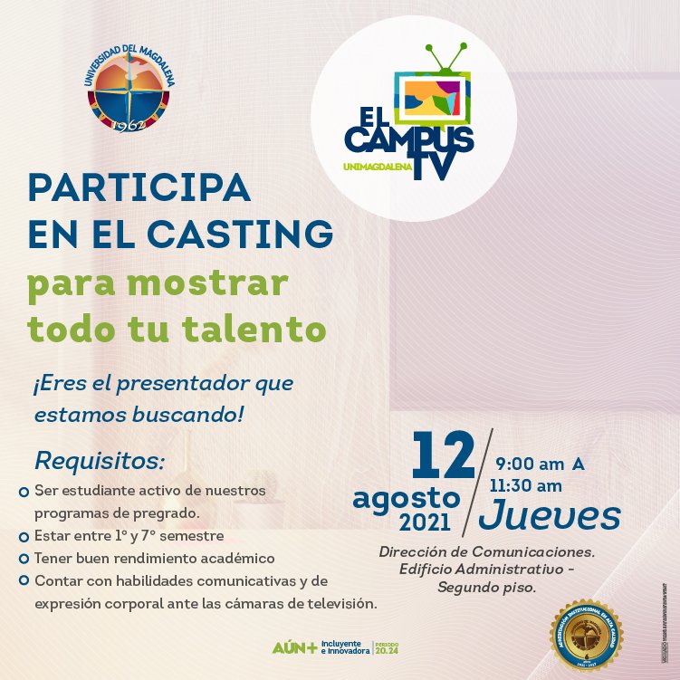 Unimagdalena's tweet photo. ¿Tienes talento para la presentación?

Invitamos a nuestros estudiantes a ser parte del programa institucional #ElCampusTV, que se emite por el @CanalTelecaribe y @CanalZOOMTV.

¡Te esperamos mañana en el casting!
#UMSiembraTalento https://t.co/rZKliIGiVv
