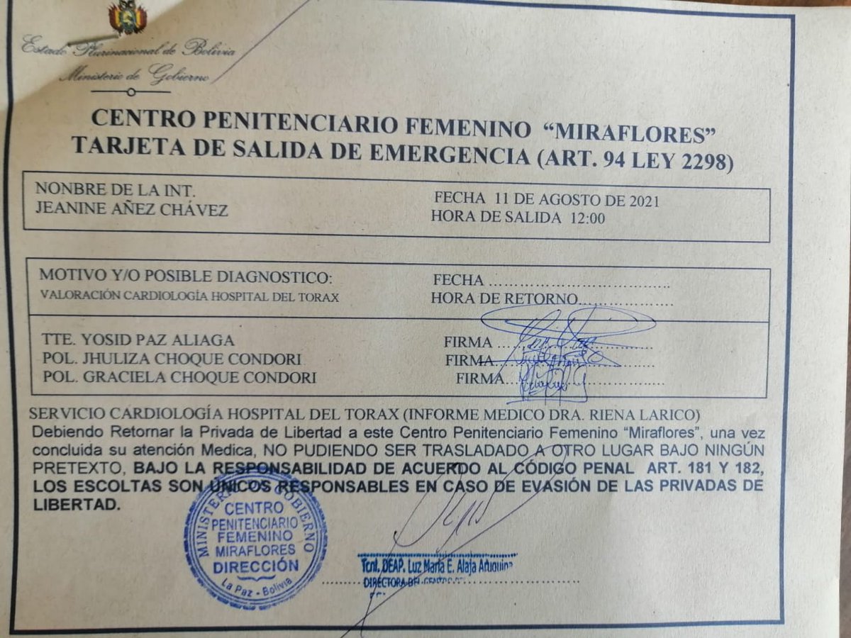 gioser888's tweet photo. Confirman que la ex presidente Jeanine Añez fue trasladada a un centro hospitalario. https://t.co/HxpT93BOAb