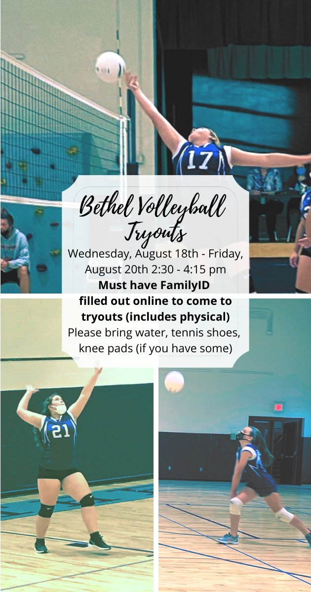 CoachMough's tweet photo. Bethel Middle School Volleyball team will begin tryouts on Wednesday, August 18th from 2:30-4:15 pm. Please make sure to have FamilyID filled out with a current physical. https://t.co/62MkFq8zwM