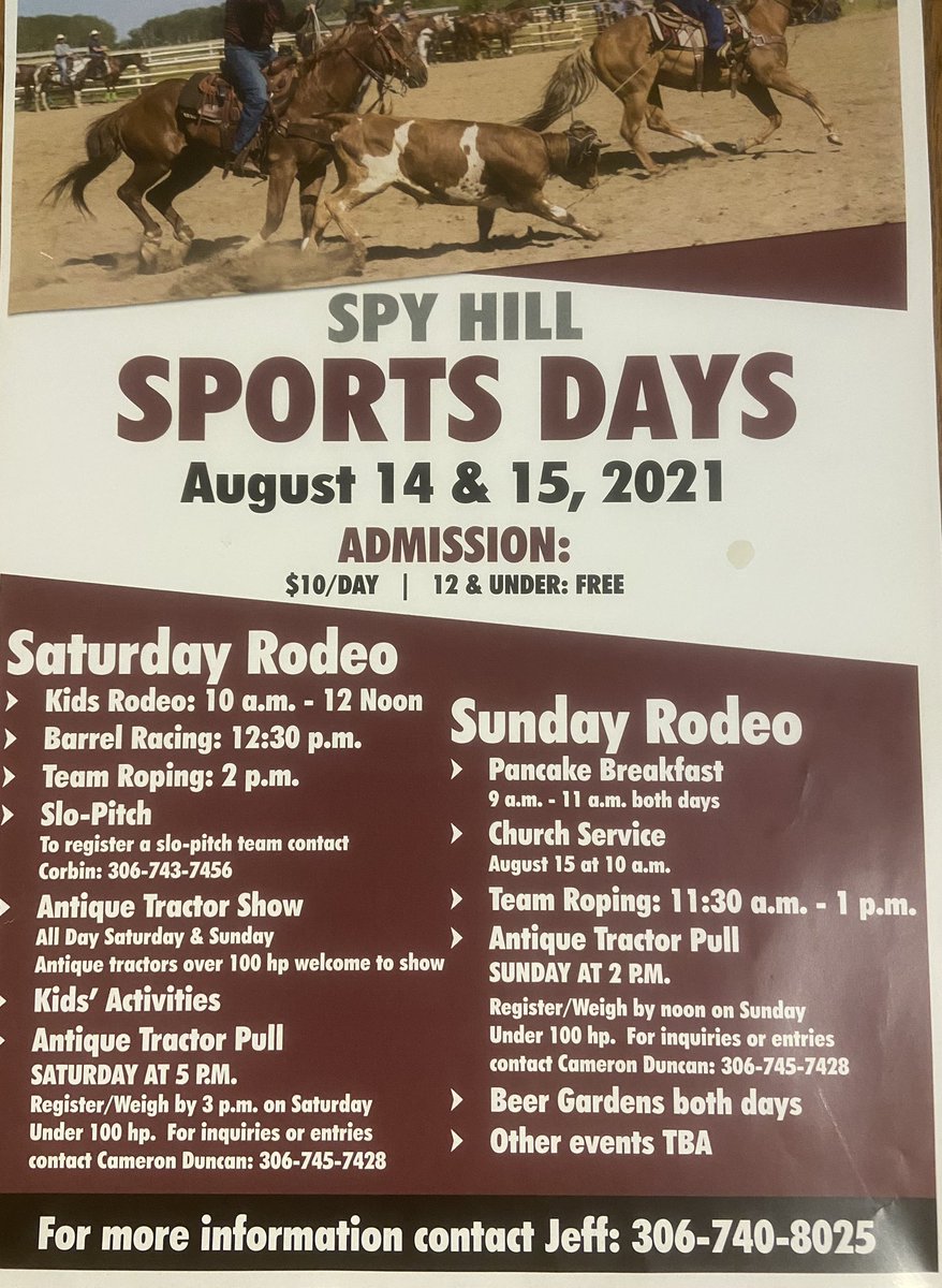 Spy Hill Sports Days are this Saturday and Sunday

Details below ⬇️ &amp; for more information contact <a href="/odgers_jeff/">CasiTrades 🔥🔥🔥🔥</a>!