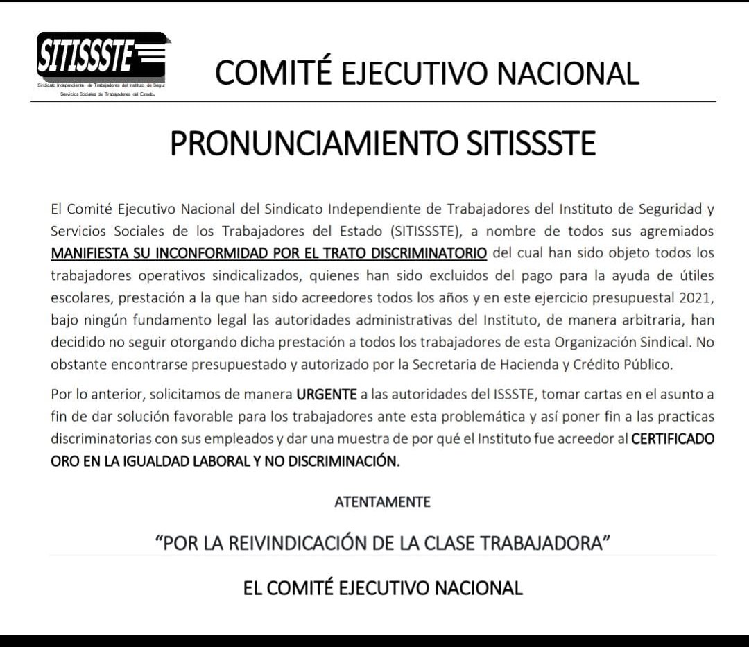 Lamentamos la decisión de la autoridad, de quitarnos prestaciones presupuestadas y autorizadas. Discriminación Laboral del ISSSTE