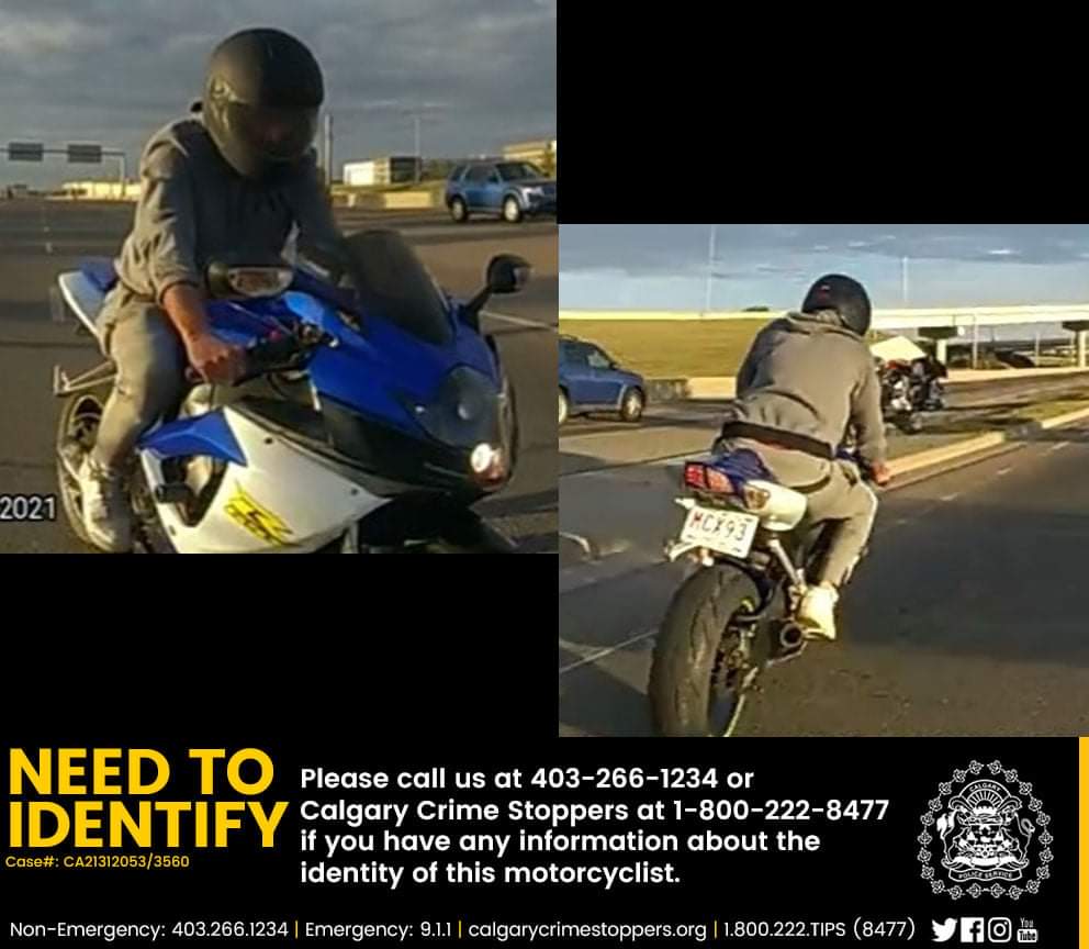 CalgaryPolice's tweet photo. On August 10, 2021 at approx. 6:00 p.m., two motorcycles that appeared to be driving in tandem failed to stop for police on Metis Tr. at Mcknight Blvd N.E. One of the motorcyclists is pictured here. Please call 403-266-1234 or contact @CanStopCrime if you have information. #yyc https://t.co/fBhN1LWshI