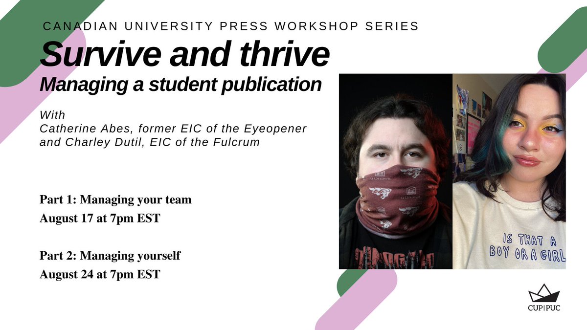 CanUniPress's tweet photo. 🚨Workshop alert!🚨

Join a candid conversation on the ins and outs of being the boss on your campus paper.

Sign up here and we’ll send you the Zoom link: https://t.co/Y3lMwxtK8Z https://t.co/1TzT9xzwVW