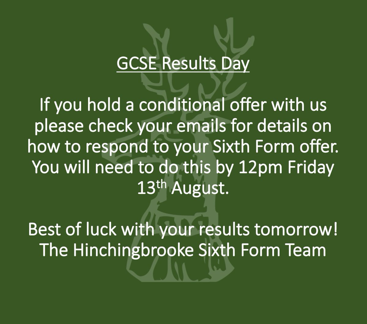 Best of luck to everyone receiving GCSE results tomorrow! If you hold a conditional offer with us please make sure you respond to your Sixth Form offer by 12pm Friday 13th August.