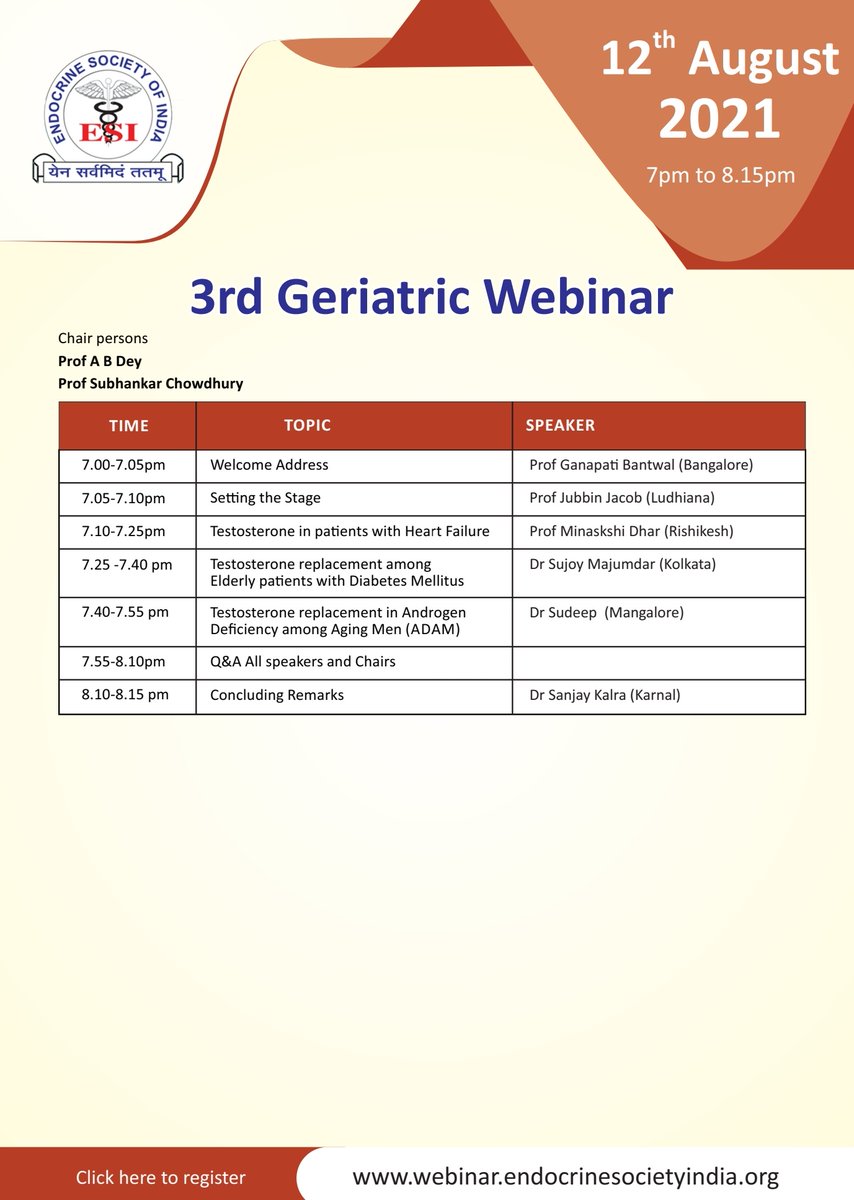 IndiaESI's tweet image. #HormoneScience
#ExpertDiscussion
#endocrinology #geriatrics  #ESIWebsite

August 12 evening
19:00 - 20:15 hrs IST

webinar.endocrinesocietyindia.org

#medtwitter #geriatricendocrinology #endotwitter #ChakDeIndia

@isendo @WHO @giustina_andrea @JubbinJacob @KapoorNitinDr @SanjayKalraDr1 🇮🇳
