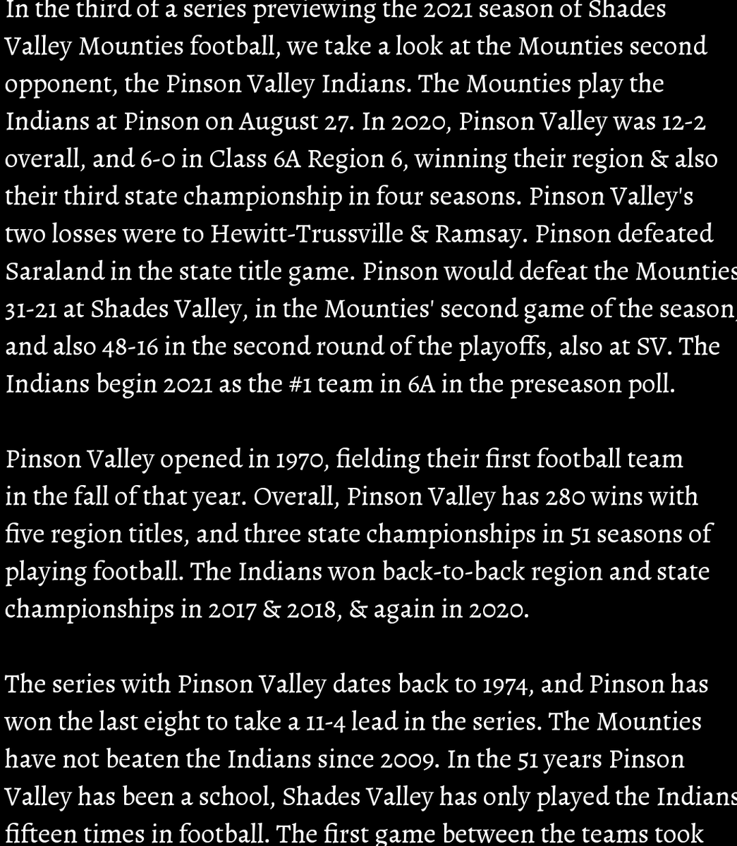 svmounties's tweet photo. In the 3rd installment of our 10th Annual Mounties Preseason Football Preview, we glance at our second matchup, an away game on August 27th against the defending 6A champion & preseason #1 ranked Pinson Valley Indians.๐ดโซ #GoMounties #100SeasonsOfMountieFootball https://t.co/xB2cfSo7Jt