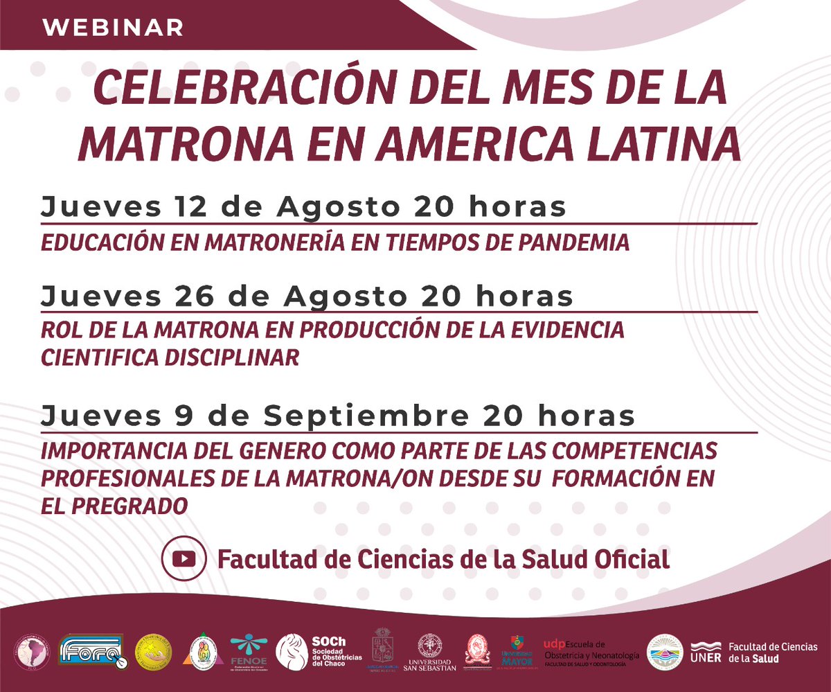 FCSUNER's tweet photo. #WEBINARFCS: “Celebración del mes de la Matrona en América Latina”

✍️Link de inscripción: https://t.co/8JRxQJ38vj

Dicha actividad, organizada por la Federación Latinoamericana de Obstetras,  será transmitida en forma abierta por nuestro canal de Youtube. https://t.co/o5g84ozSFt