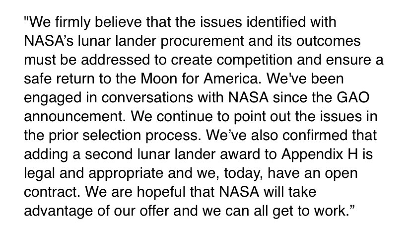 SpaceDavenport's tweet image. A Blue Origin spokesperson I spoke with today left open the possibility of taking the HLS fight to the Court of Federal Claims and Bob Smith said in a statement to the Post that BO is “hopeful that NASA will take advantage of our offer” to waive $2 billion in development fees.