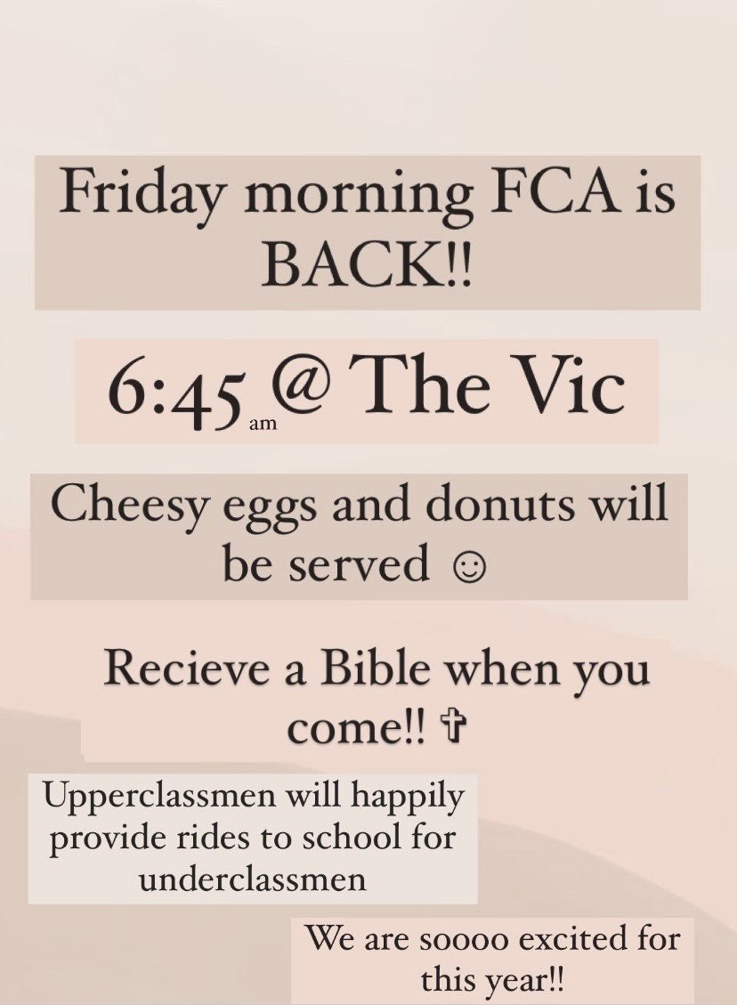 FcaGeneseo's tweet photo. Friday morning FCA is back! 6:45 @ The Vic. More info below!! ↓ https://t.co/YvjxMkjTcZ