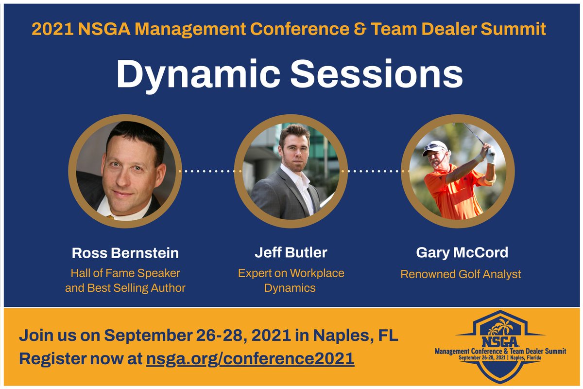 NSGA is thrilled to announce <a href="/RossBernstein/">Ross Bernstein</a> , Jeff Butler and Gary McCord as dynamic session speakers for the 2021 Management Conference &amp; Team Dealer Summit taking place September 26-28 at the Ritz-Carlton Golf Resort in Naples, Florida. #strongertogether #MCTDS <a href="/iamjeffbutler/">Jeff Butler</a>