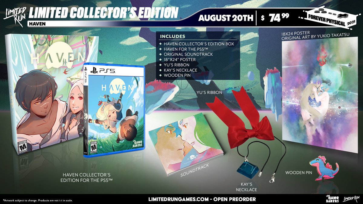 We're also excited to bring you a beautiful Collector's Edition for Haven on Switch, PS4, and PS5. This CE features stunning replicas of items such as Yu's ribbon and Kay's necklace!

The four-week open pre-order beings August 20th at 10 AM ET on limitedrungames.com.