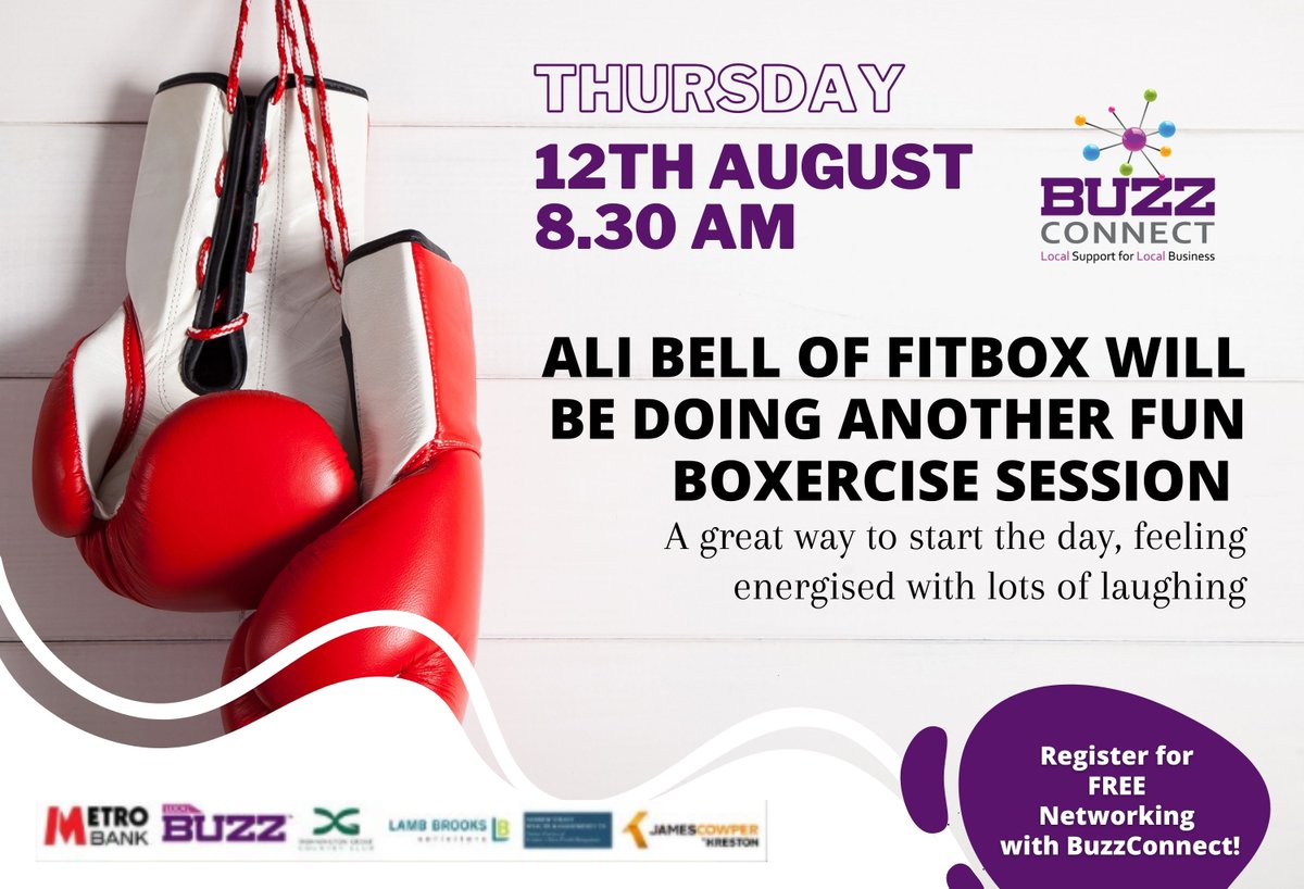 UKBuzzConnect's tweet image. ✅ Tomorrow at BuzzConnect ... Ali Bell of Fitbox will be doing another fun boxercise session!
JOIN @BuzzConnect this Thursday 12th August at 8.30am for FREE Business Networking. 

👉 Register here - lnkd.in/daUtqy6