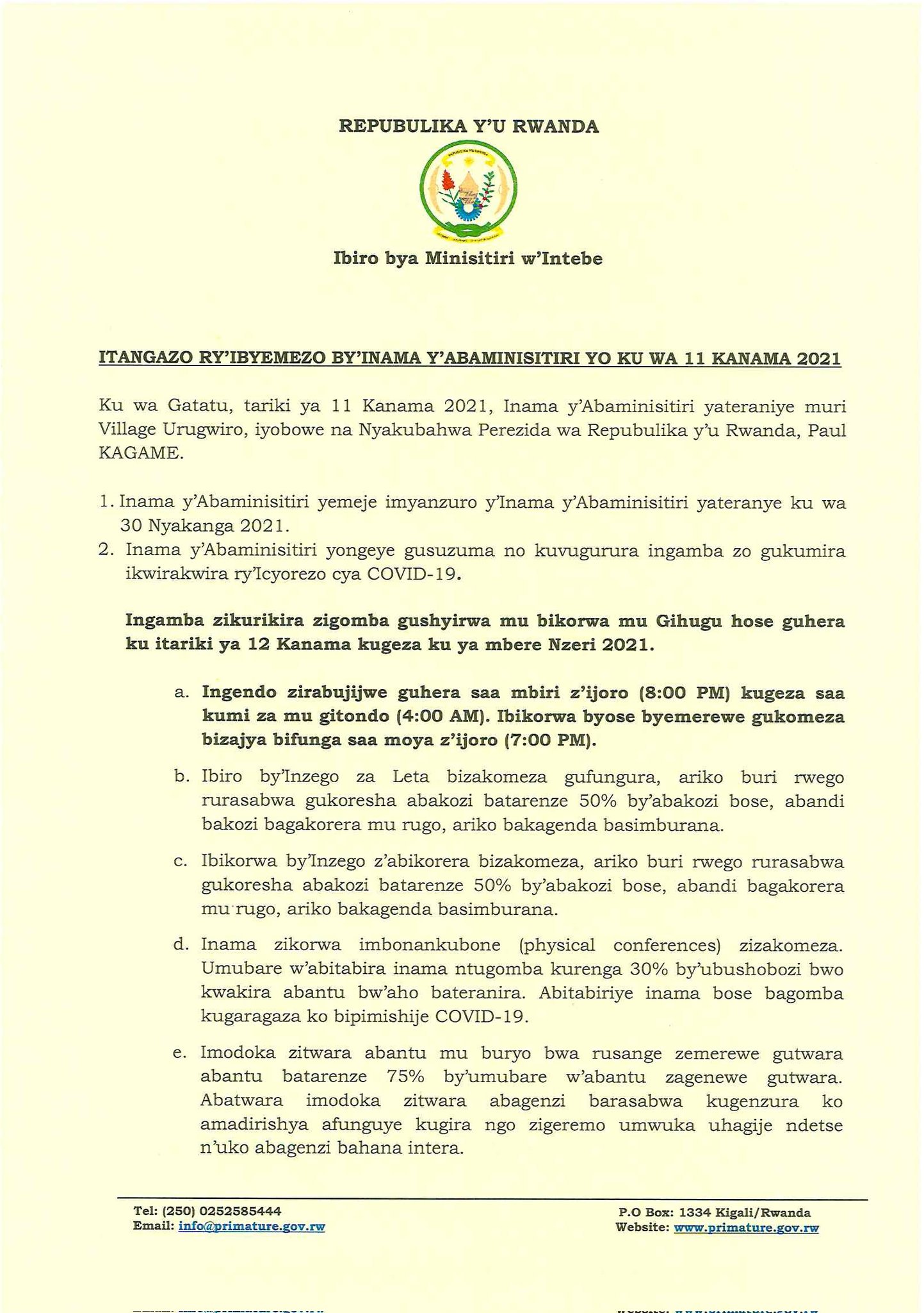 Office Of The Pm Rwanda Itangazo Ry Ibyemezo By Inama Y Abaminisitiri Yo Ku Wa 11 Kanama 21 Office Of The Pm Rwanda Itangazo Ry Ibyemezo By Inama Y Abaminisitiri Yo Ku Wa 11 Kanama 21