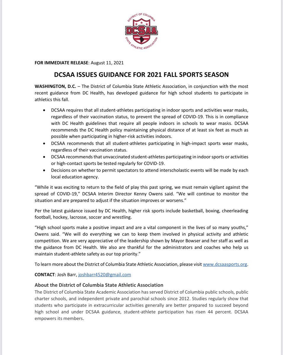 🚨 The District of Columbia State Athletic Association, in conjunction with the most recent guidance from DC Health, has developed guidance for high school students to participate in athletics this fall.  Please see attached document.