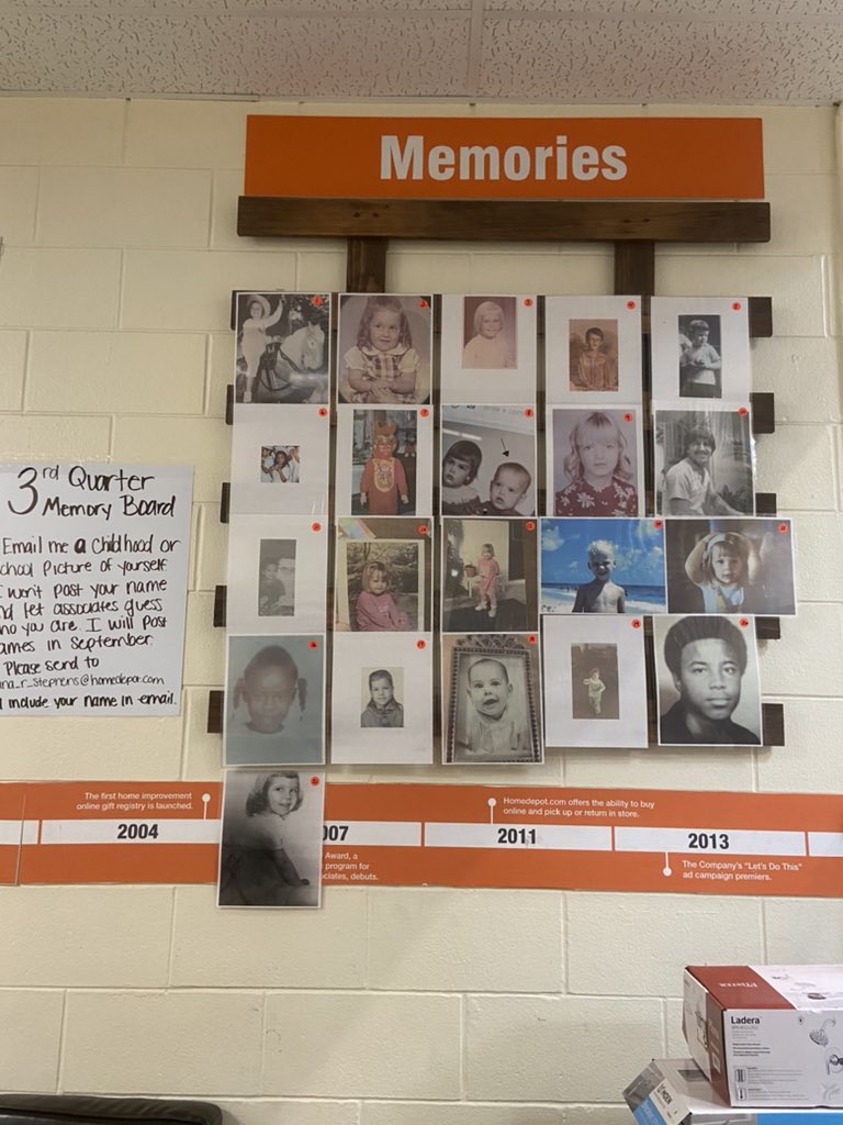 3rd Quarter Memory Board is childhood pictures. In September we will have a contest to see who guesses the most correct associates. It’s fun just watching associates try to figure out who is who? <a href="/BrettTHD/">Brett Stephens</a> <a href="/BrianGuerard/">Brian G</a> <a href="/679_0041/">ltaylor</a> <a href="/Janeisa_/">Janeisa</a> <a href="/WatsonChris19/">Chris Watson</a> <a href="/pamela_h_fl/">Pamela Hixenbaugh</a>