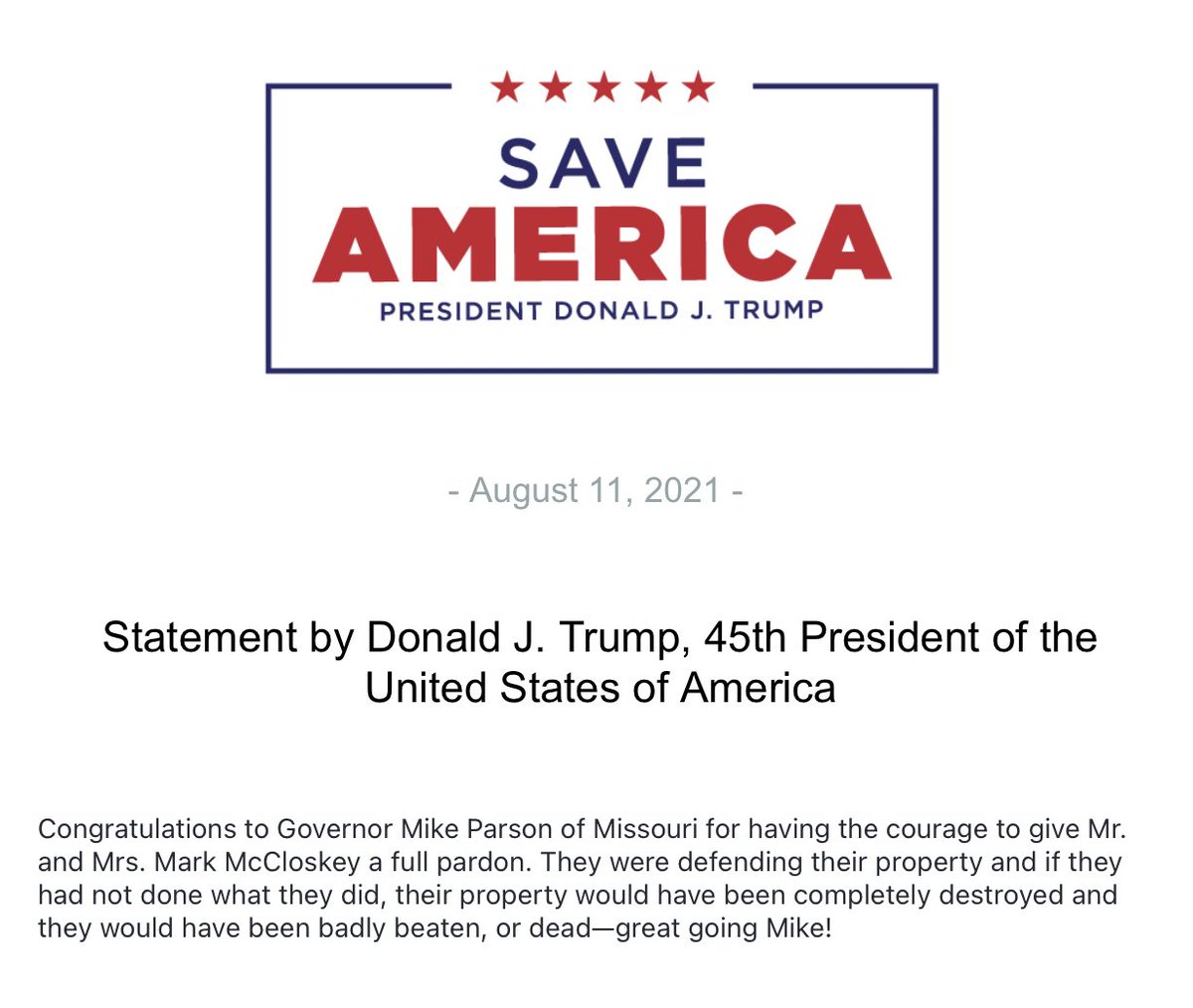realLizUSA's tweet image. NEW!

President Donald J. Trump:

"Congratulations to Governor Mike Parson of Missouri for having the courage to give Mr. and Mrs. Mark McCloskey a full pardon.