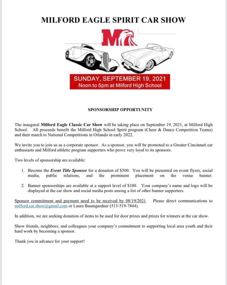 Exciting News!!  

Mark your calendar for our very first Milford Eagle Spirit Car Show!!! Registration can be done at milford-car-show.com 

If you’re interested in a sponsorship opportunity for the car show, please see the second flyer below!

We are VERY excited this event😍