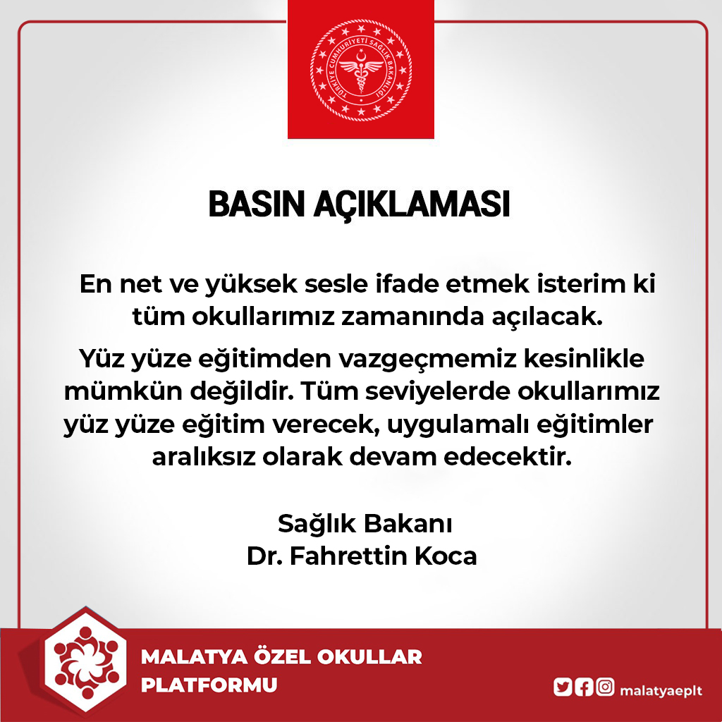 Yüz yüze eğitimden vazgeçmemiz kesinlikle mümkün değildir. Tüm seviyelerde okullarımız yüz yüze eğitim verecek, uygulamalı eğitimler aralıksız olarak devam edecektir.<a href="/drfahrettinkoca/">Dr. Fahrettin Koca</a>