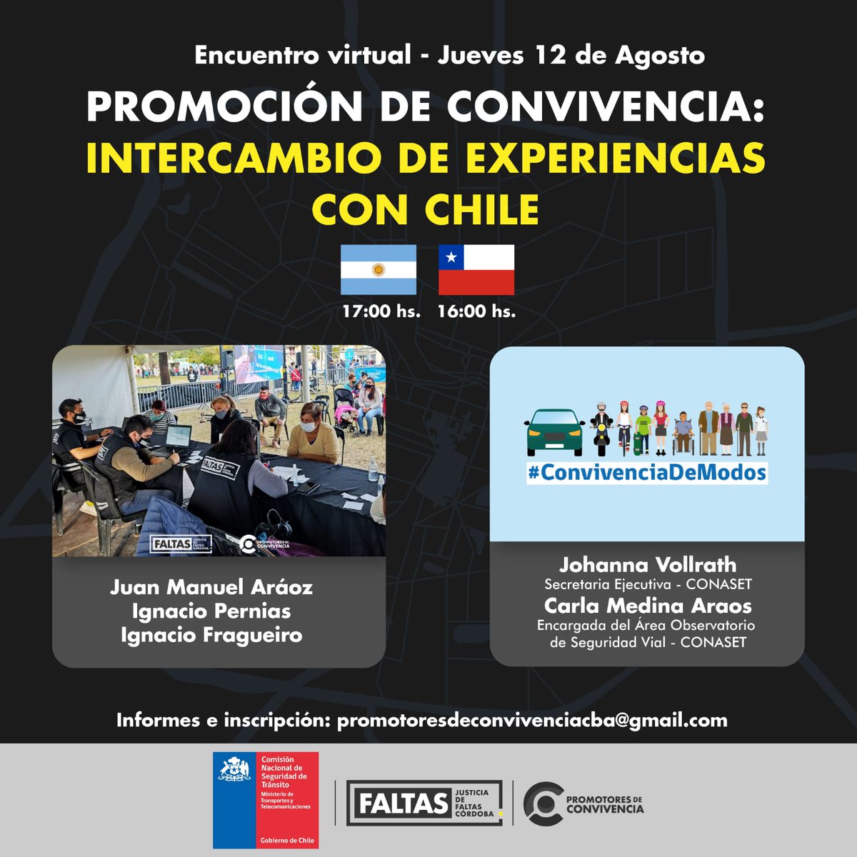 #AgendaMTT | Te dejamos invitado al encuentro virtual "Promoción de Convivencia: Intercambio de experiencias con Chile" liderado por <a href="/FaltasCba/">Justicia de Faltas Córdoba</a> y que contará con la participación de la <a href="/conaset/">Conaset - Seguridad Vial de Chile</a>. #TodxsSomosVialistas

📱💻Inscríbete 👇
➡ promotororesdeconvivenciacba@gmail.com
