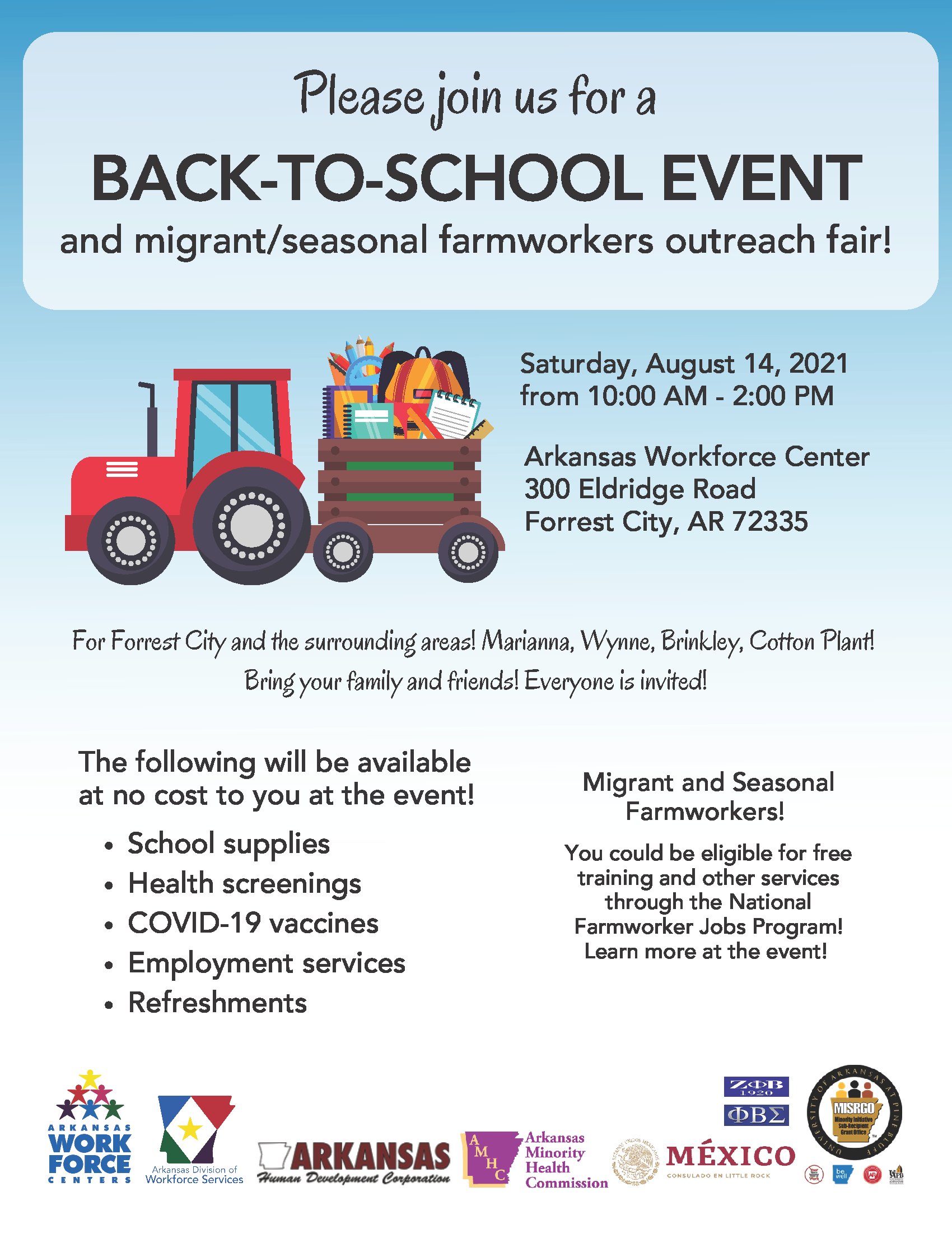 Arkansas Division of Workforce Services on X: Come by for free school  supplies, food, and more at the Back-to-School Event and Migrant/Seasonal  Farmworker Outreach Fair in Forrest City this Saturday, 8/14, 10a.m.-2p.m.!