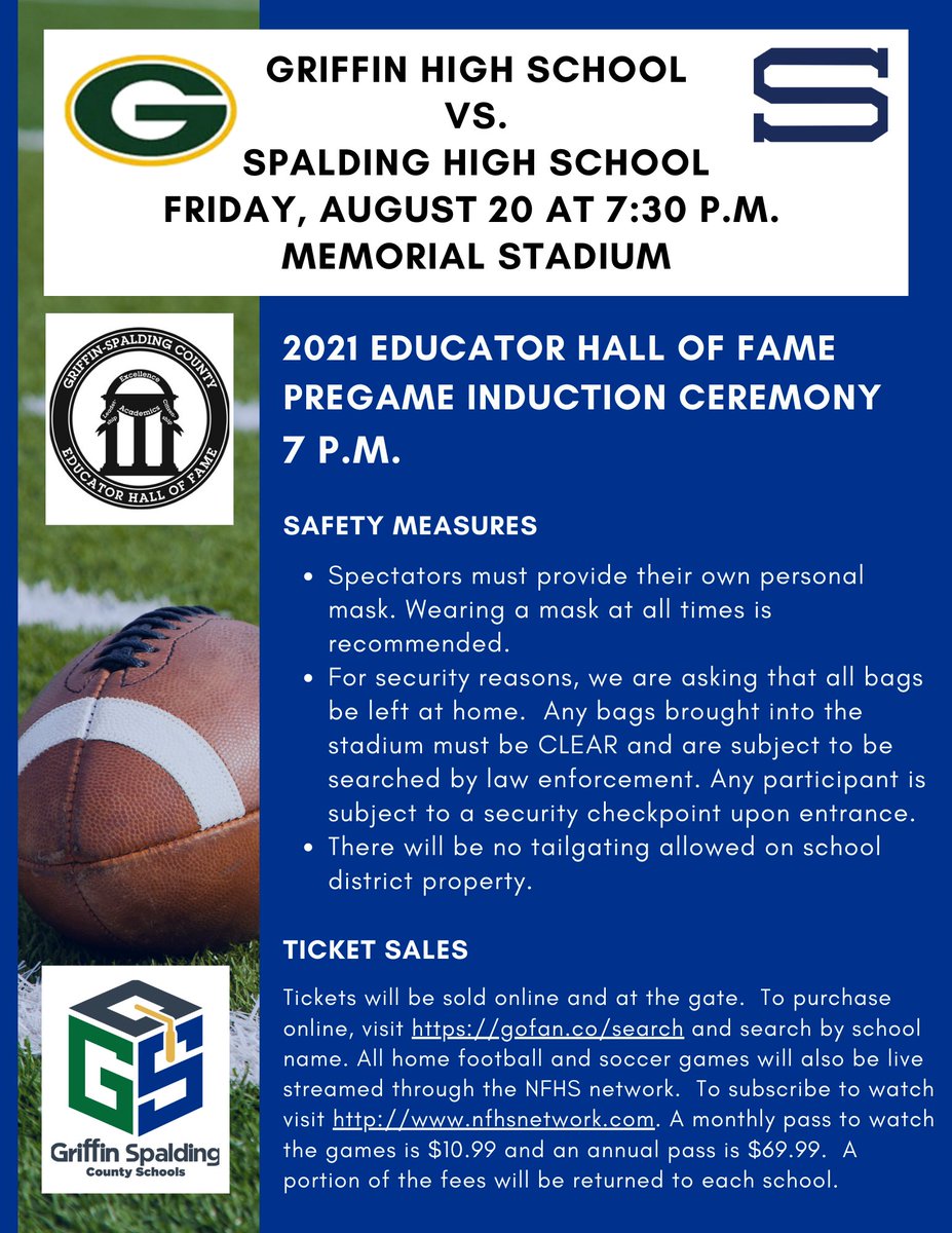 It's almost time for some <a href="/GriffinSpalding/">Griffin-Spalding K12</a> football! The first game of the year is Friday, August 20, GHS vs. SHS! Come early for the 2021 GSCS Educator Hall of Fame pregame induction ceremony!