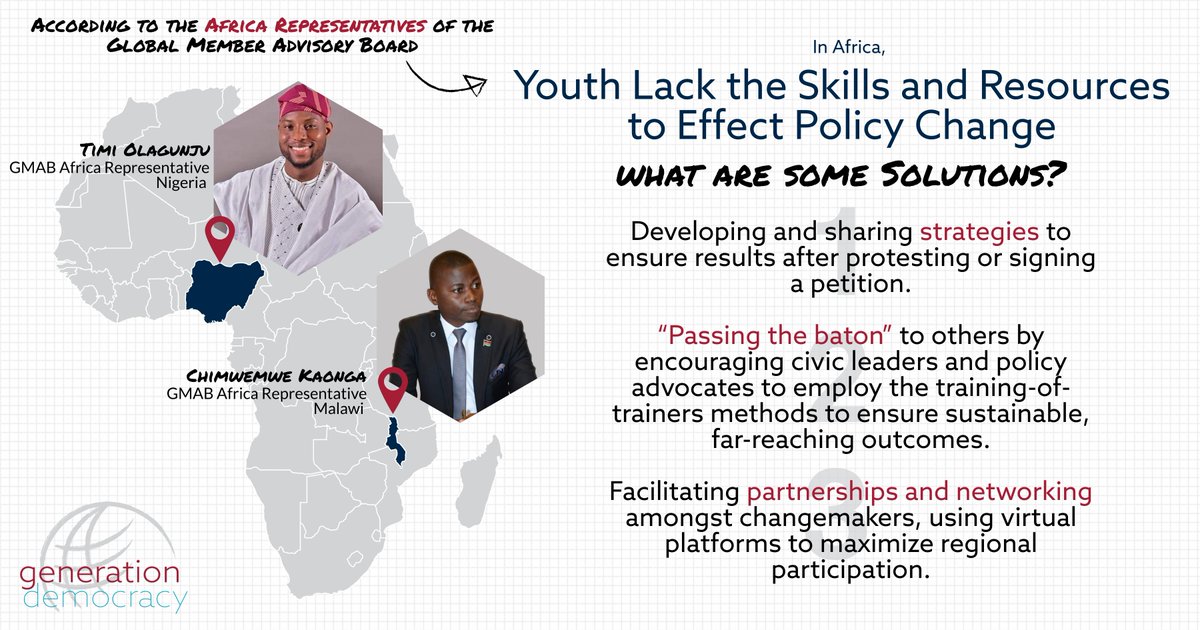 (1) Starting off our #InternationalYouthDay Marathon we are sharing challenges to youth participation identified by the Africa reps of the GenDem Global Member Advisory Board - @ChimKaonga and @timithelaw. Stay tuned for the next 4 hours as we make our way through the continent!