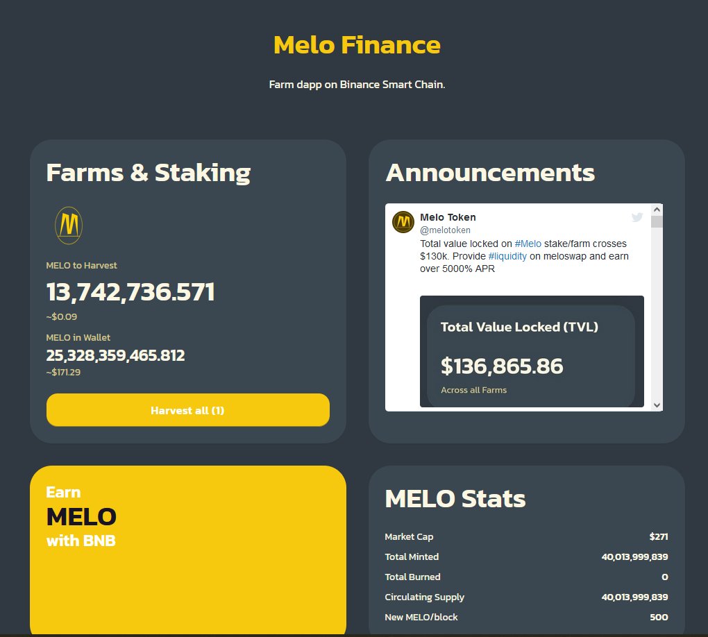 melotoken's tweet photo. Here 👇 You can #stake #farm and #swap #MeloToken 

It's #MeloFinance

https://t.co/4FfPHxlWcD

Earn #MELO with #BNB https://t.co/c2yPmcjRPj
