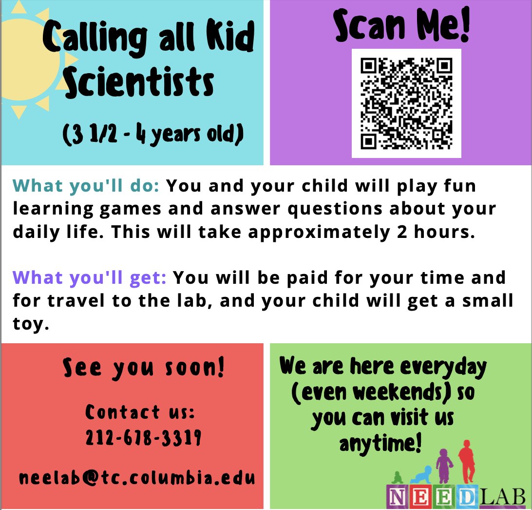 We are currently recruiting 3.5 - 4 year olds for a study! See below for details ... you can even use the QR code to sign up! Email needlab@tc.columbia.edu for more info
