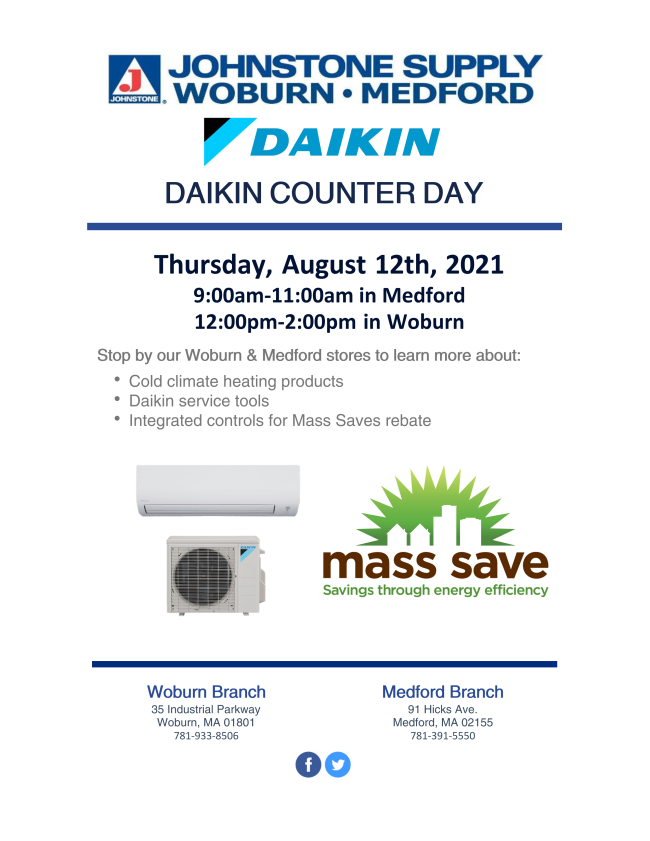 A friendly reminder that Tom Moss from Daikin will be visiting our Woburn and Medford stores tomorrow. We hope to see you there!