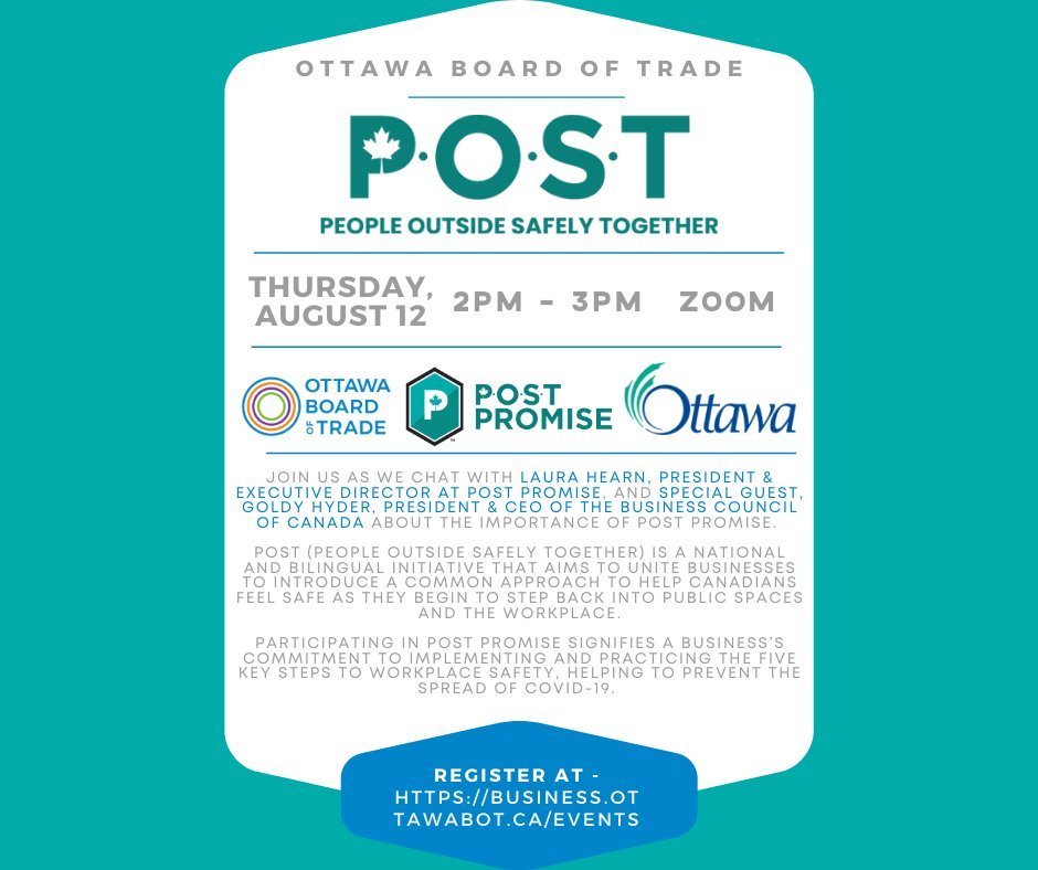 ottawabot's tweet photo. Don't miss tomorrow's #POSTPromise info session! Join Laura Hearn, President & Executive Director of @post_promise and @goldyhyder, President & CEO of the @BizCouncilofCan as they talk about the POST Promise. Register now https://t.co/EuhsLaVuZf
#OttEvents #Ottawa #OBoT https://t.co/glkPlFYDyd