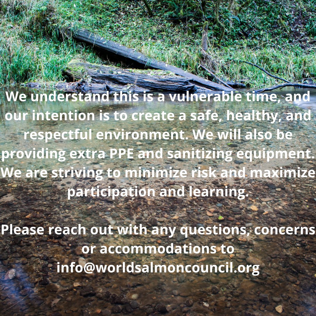 SalmonWatch's tweet photo. [ID: text over photo of riverbank with greenery and fallen logs in the background and a rocky riverbed in the foreground. Text says: To maximize accessibility at our upcoming volunteer training days, we are asking that all participants wear a facial mask while unable to social https://t.co/emFuZ9NZLV